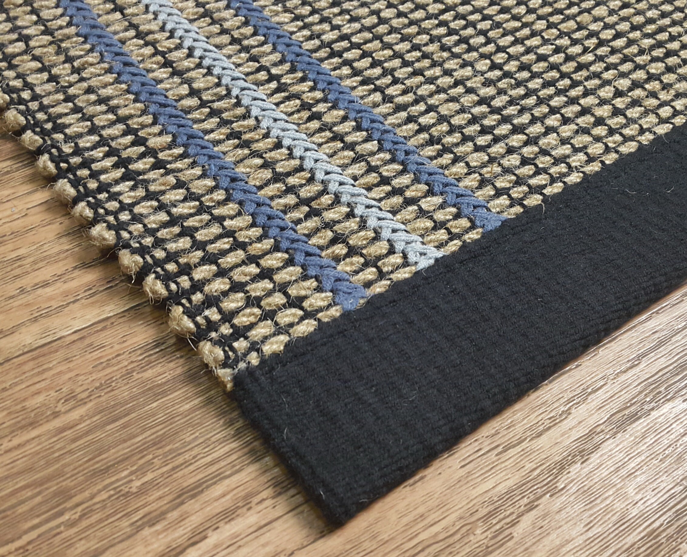 Natural Jute Rug, Striped Black Small Rug, Bedside Woven Carpet Modern Blue Jute Mat