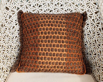 Brown Rust Wool Crochet Pillow Cover, Boho Cushion for Sofa