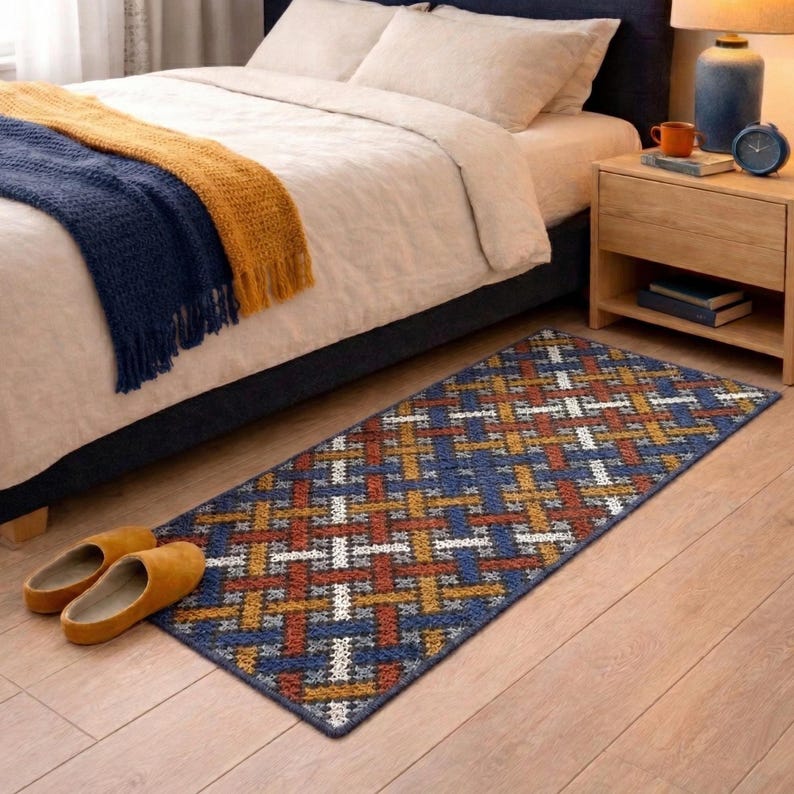 Bedside textured wool rug handmade in blue, orange and yellow.