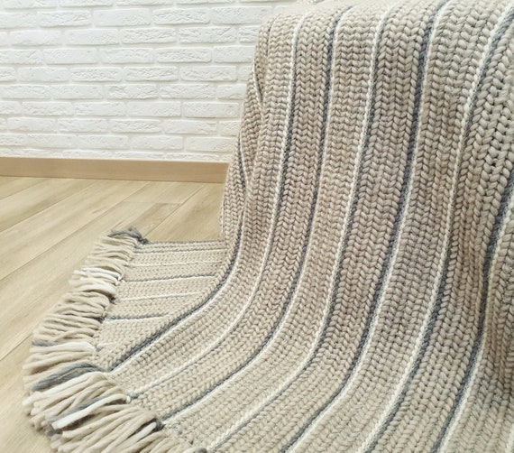 Crochet Chunky Braided Throw Blanket Gray White Merino Wool Knit Blanket 43x 63 Etsy