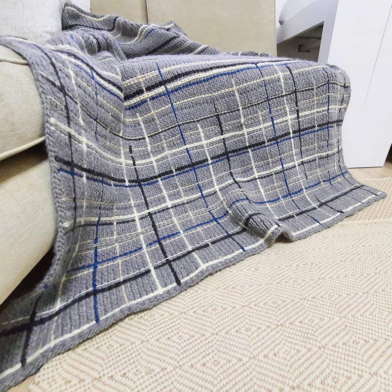 A gray and white plaid throw blanket with a blue and black stripe pattern. The blanket is draped over a couch and is made of a soft, knitted fabric.