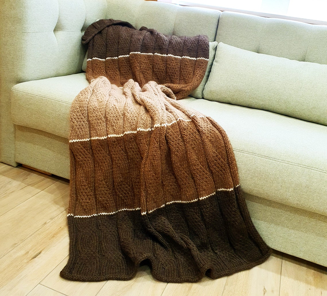 Wool Knit Blanket Brown Beige Knitted Striped Throw Etsy
