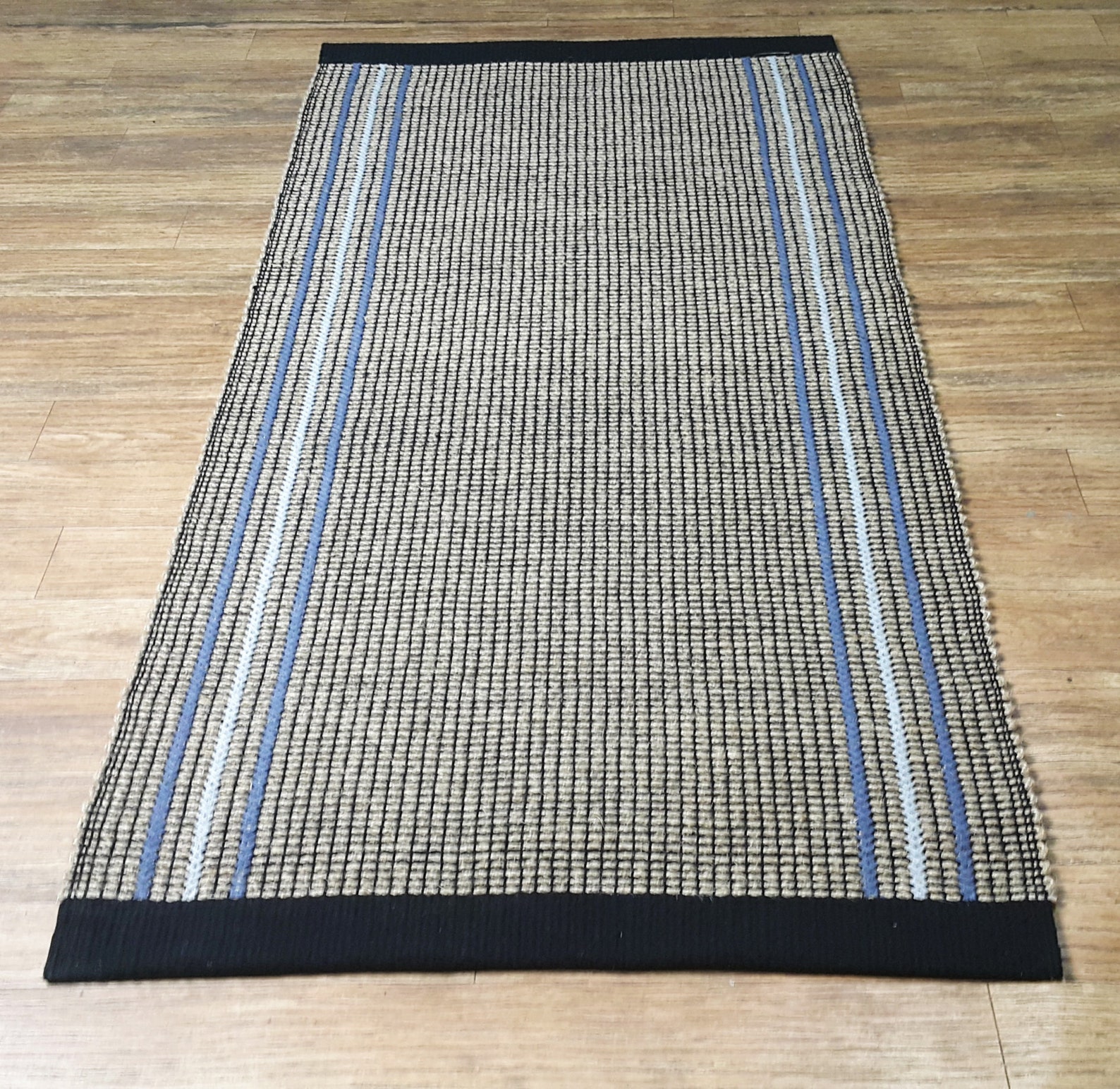 Natural Jute Rug, Striped Black Small Rug, Bedside Woven Carpet Modern Blue Jute Mat