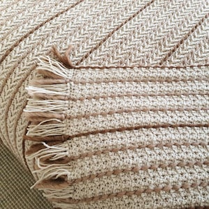 Edge and the backing details of handmade crochet wool blanket showing thickness and stitch pattern