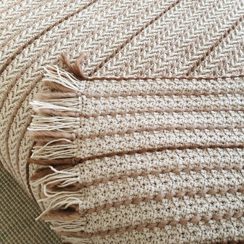 Edge and the backing details of handmade crochet wool blanket showing thickness and stitch pattern