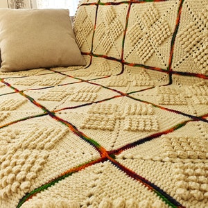 Crochet squares blanket Wool Beige throw blanket with Rainbow lines Sofa blanket Gift to old, 51x73 image 3