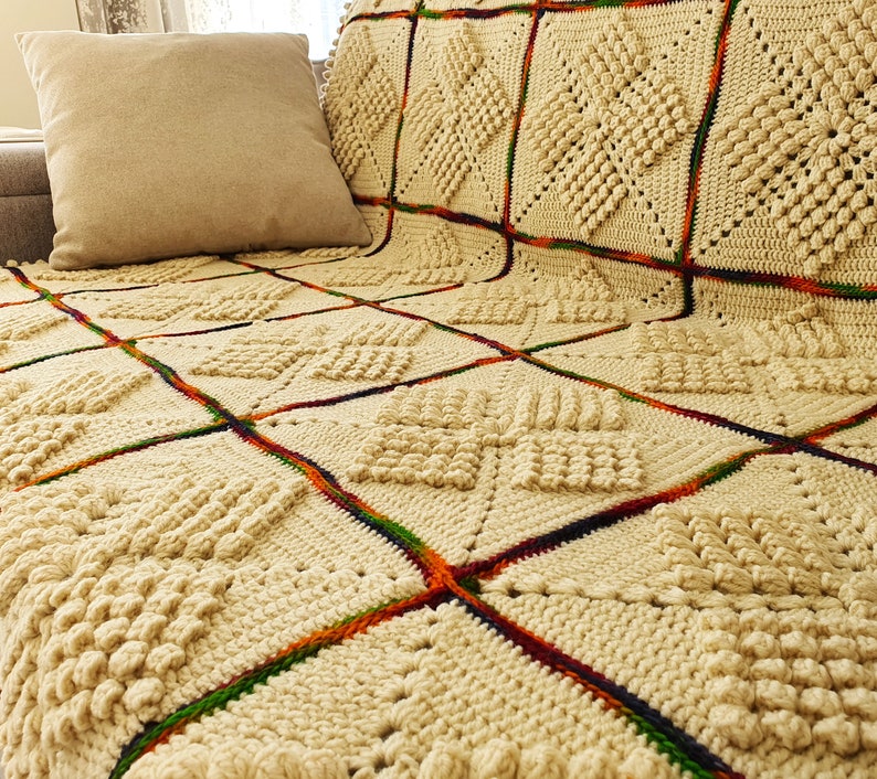 Crochet squares blanket Wool Beige throw blanket with Rainbow lines Sofa blanket Gift to old, 51x73 image 3