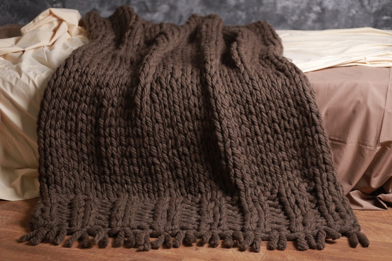 Chunky knit blanket brown Wool throw blanket Giant Knit Etsy