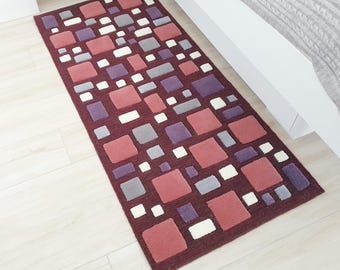 Burgundy Wool Rug Geometric Textured Accent Carpet