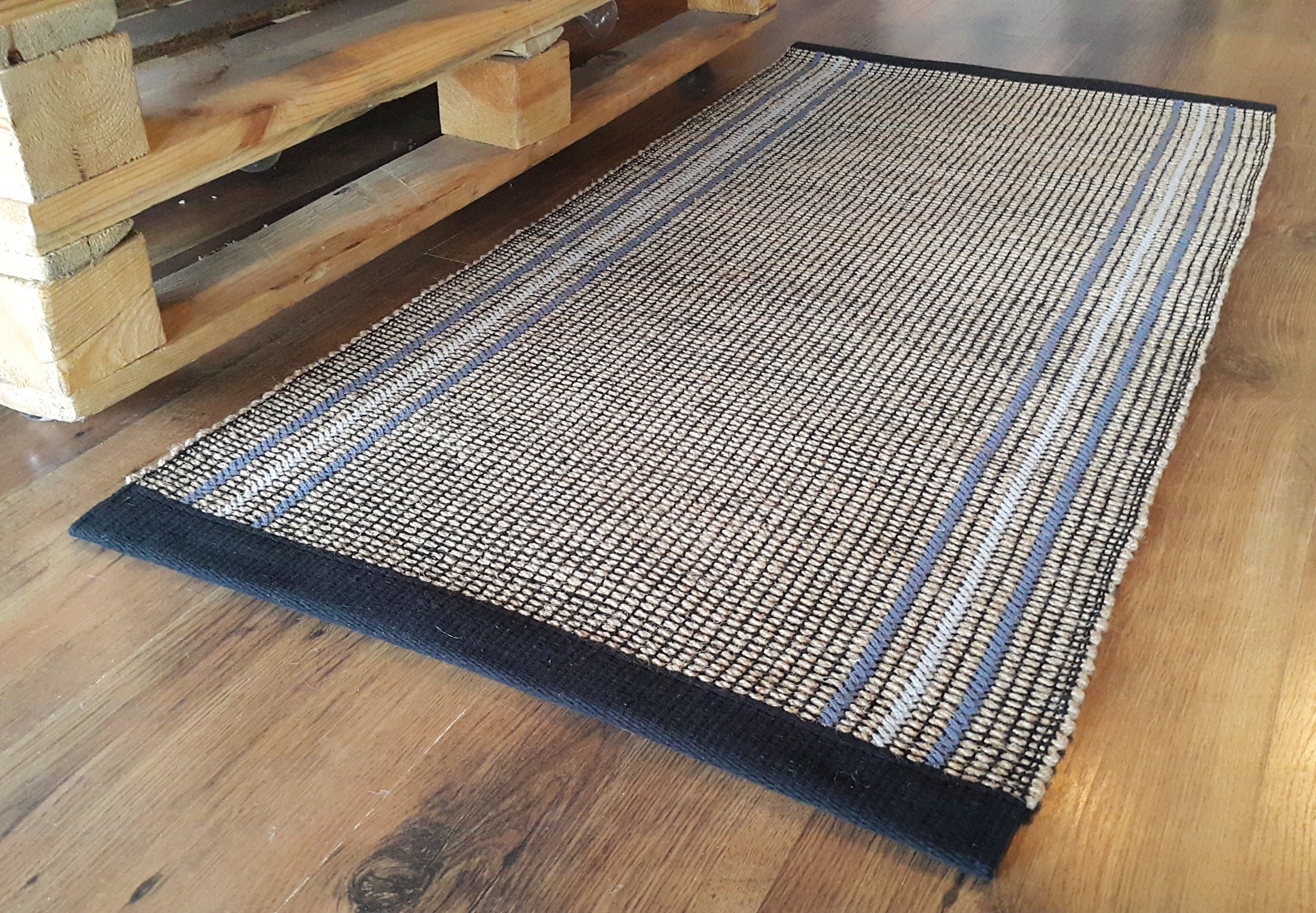 Natural jute rug Striped black Small rug Bedside woven Etsy