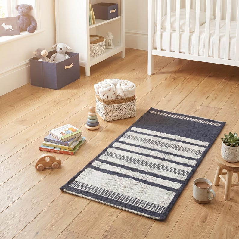 Cotton woven rug in a children’s room with soft texture and geometric stripe pattern.