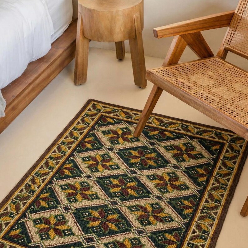 Handmade embroidered wool rug on jute base, 56x30 inches. Folk floor runner with textured wool stitching in natural earthy tones for rustic home decor.