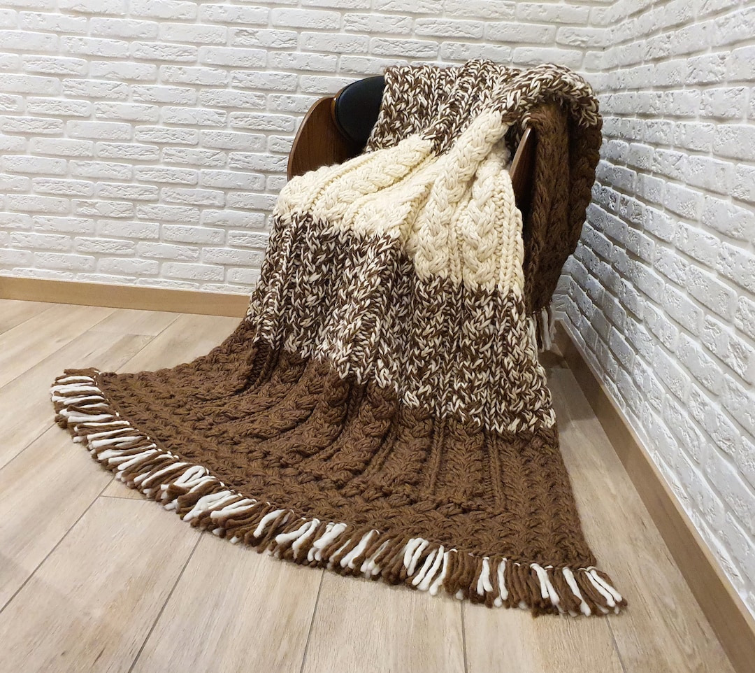 Merino Wool Knit Blanket Soft Knitted Throw Melange Camel Beige Wool