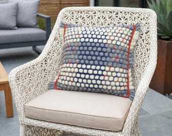 Gray Navy White Wool Bobble Pillow, Chunky Stripe Cushion Cover Fringe