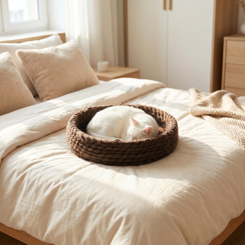 A white cat curled inside a dark brown chunky hand-knitted wool pet bed, sitting on a cream linen-covered bed in a softly lit Scandinavian bedroom with wooden furniture and a knit throw blanket nearby.