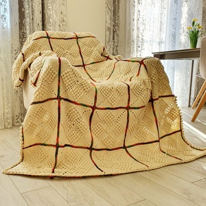 Gehäkelte Quadrate Decke Wolle Beige Decke mit Regenbogen Linien Sofadecke Geschenk für alt, 51x73 Bild 8