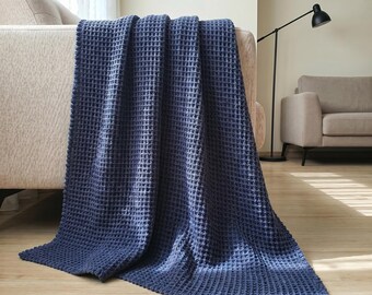 Navy Blue Wool Crochet Throw, Waffle Blanket for Sofa or Bedroom
