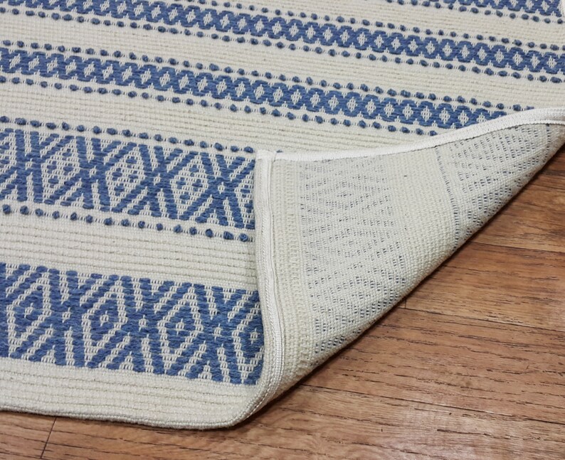 Wool rug blue White Bedside rug striped Woven Wool mat blue Etsy