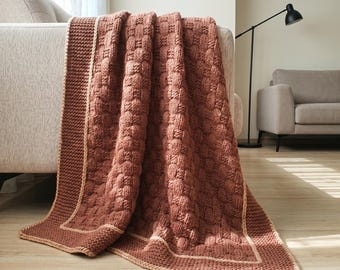 Terracotta Merino Wool Throw, Basket Weave Knit, Sofa Blanket