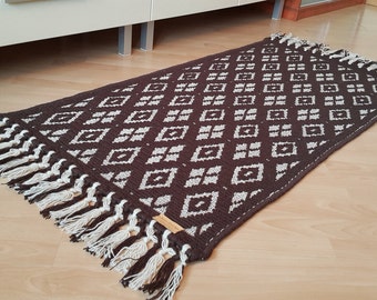 Bedside Wool rug brown Geometric Area rug Small Woven rug Handwoven mat, 55"x30"