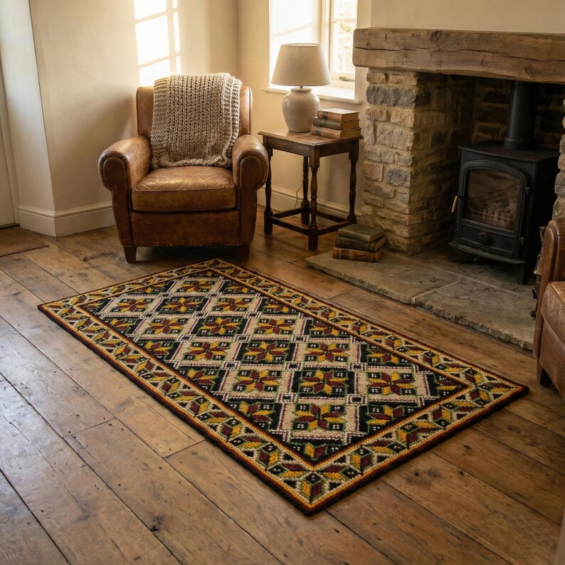 handmade embroidered wool rug in burgundy and yellow colors, It is placed on the dark wooden floor next to a fireplace in a living room.