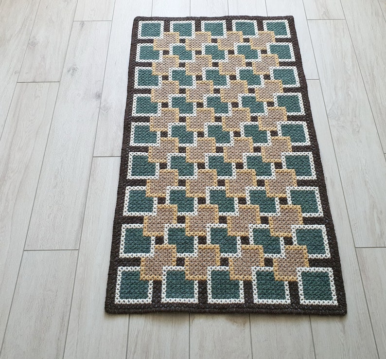 Wool rug Green, Yellow, Geometric, Embroidery on a felt, Bedside small rug 24x38 image 5