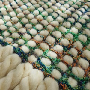 Close-up of a hand-knitted blanket with a textured pattern. The blanket features a grid of white, puffy, circular elements, surrounded by a colorful weave of green, blue, and orange threads. A thick, off-white fringe is visible on the left side.