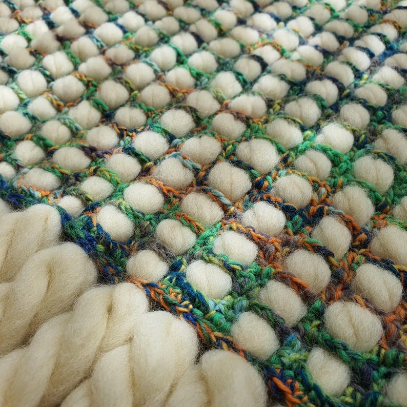 Close-up of a hand-knitted blanket with a textured pattern. The blanket features a grid of white, puffy, circular elements, surrounded by a colorful weave of green, blue, and orange threads. A thick, off-white fringe is visible on the left side.