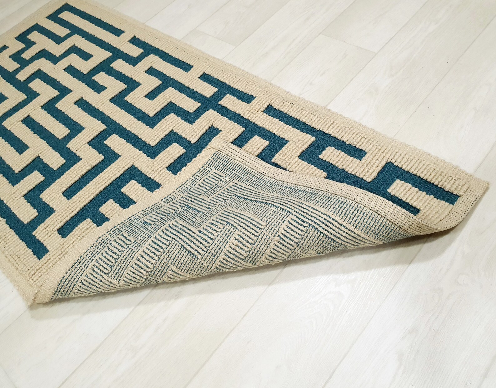 Bedside Wool Rug Small Woven Bedroom Rug Geometric Turquoise Etsy