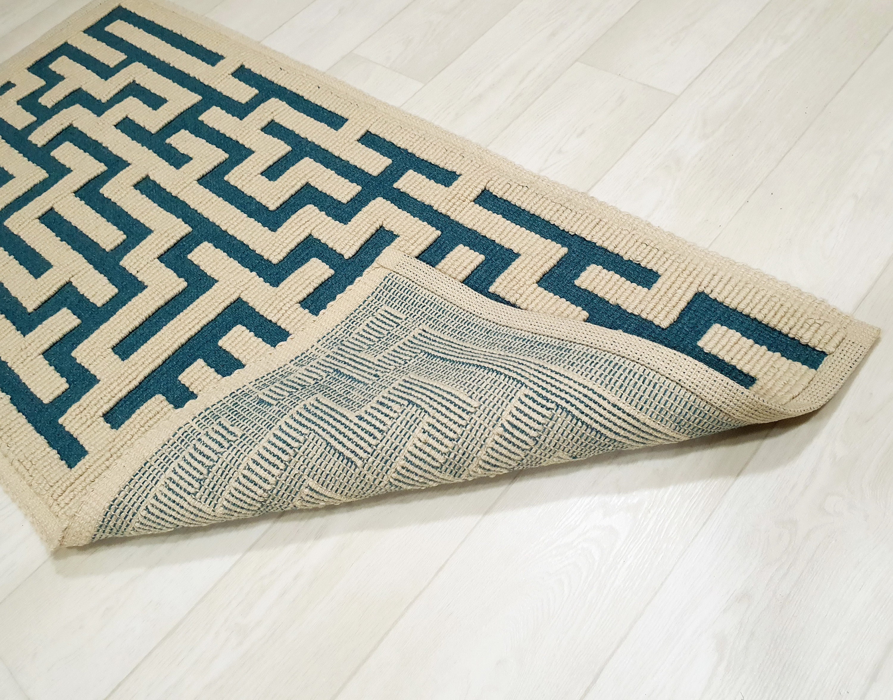 Bedside Wool Rug Small Woven Bedroom Rug Geometric Turquoise Etsy