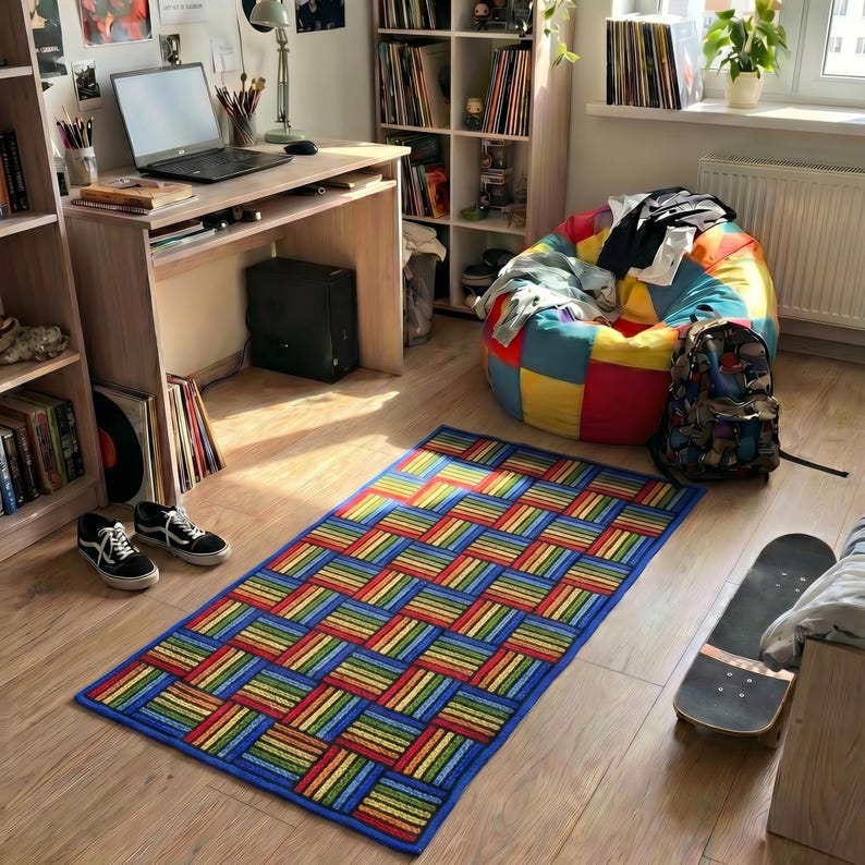 Handmade wool rug with bold color pattern in a teenager’s room, adding contrast and defining the space