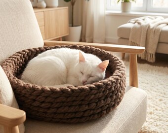 Brown Chunky Wool Knit Cat Bed, Round Pet Basket with Quilted Cushion