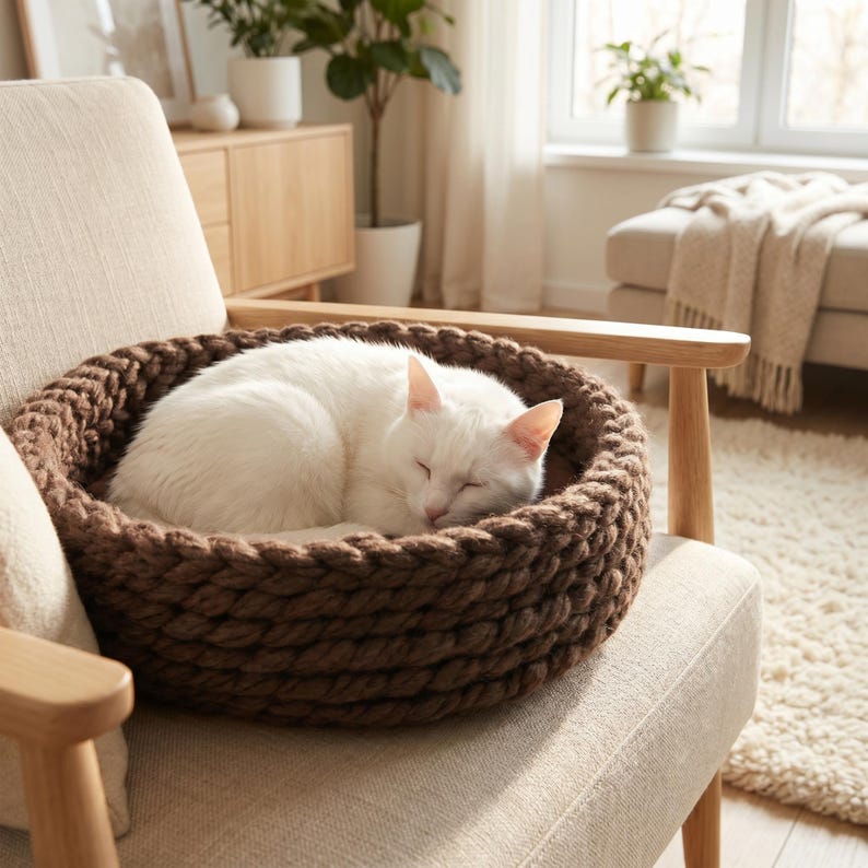 A white cat resting in a round hand-knitted brown wool cat bed with a thick wool yarn texture, set on the seat of a light oak armchair in a cozy boho living room with houseplants and natural linen curtains.