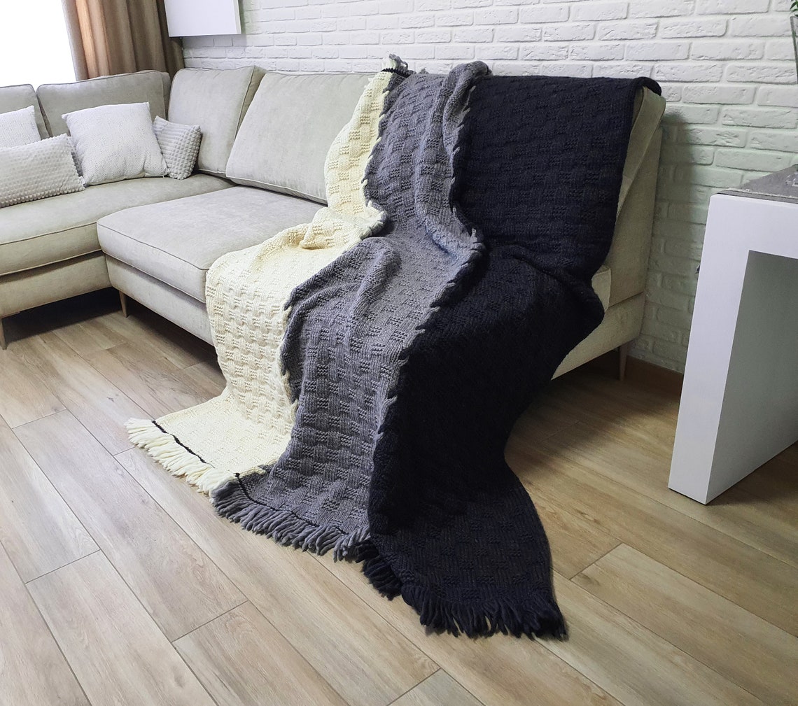 Knit Blanket Black Gray White Merino Wool Throw Blanket Etsy