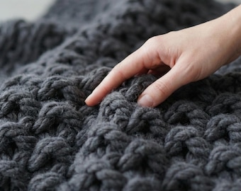 Charcoal Chunky Wool Knit Blanket, Black Textured Throw for Bed or Sofa