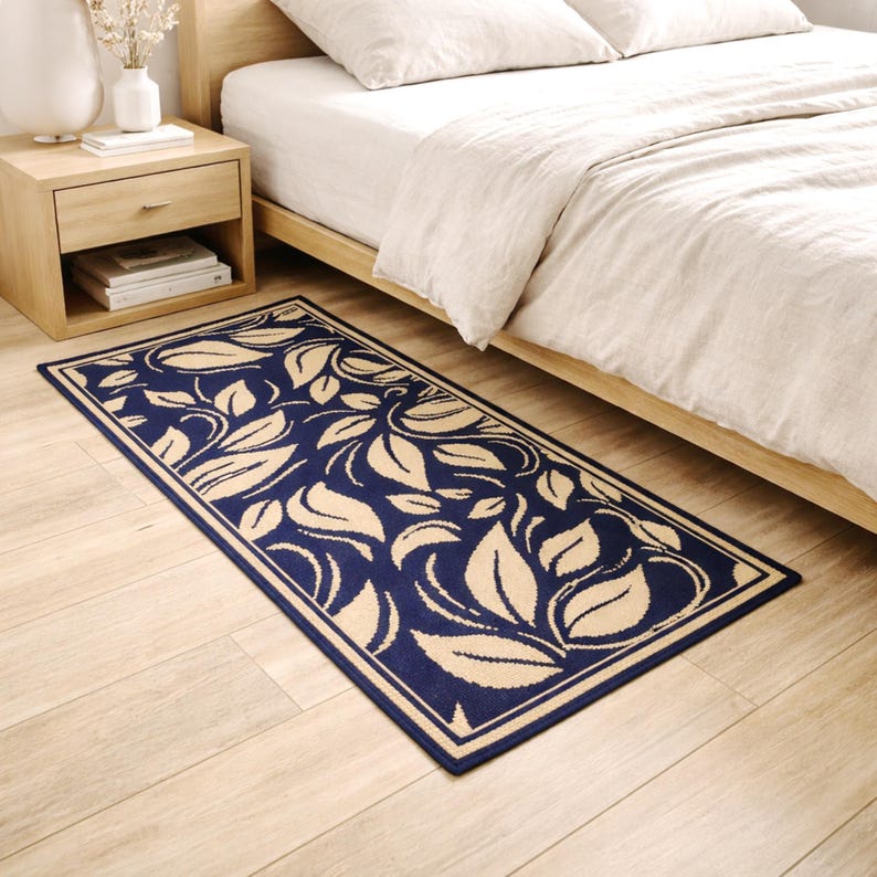 A navy blue and yellow designed rug with a leaves. The rug is placed beside a wooden bed.