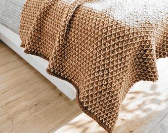 Terracotta Sand Merino Wool Throw, Geometric Boho Bedroom Knit Blanket