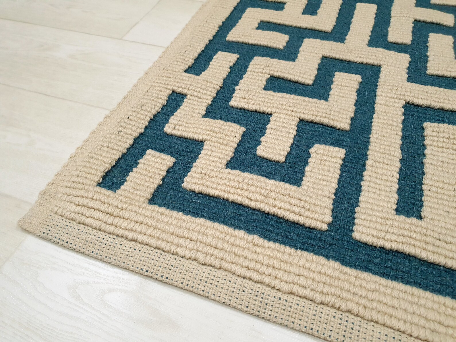 Bedside wool rug Small Woven Bedroom rug Geometric Turquoise Etsy