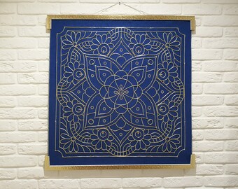 Golden mandala Wall art hanging blue Embroidery wall panel