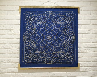 Golden mandala Wall art hanging blue Embroidery wall panel