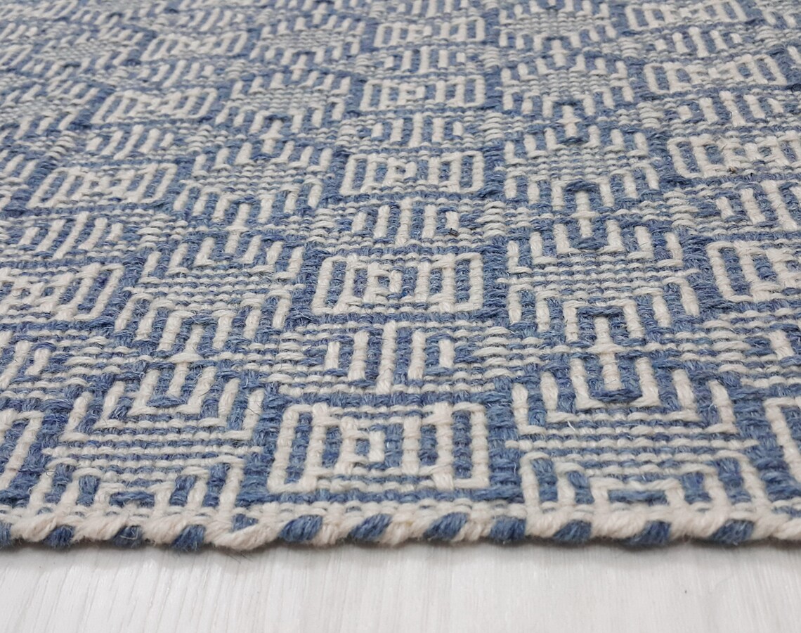 Bedside Rug Wool Blue White Small Geometric Woven Wool Mat Etsy