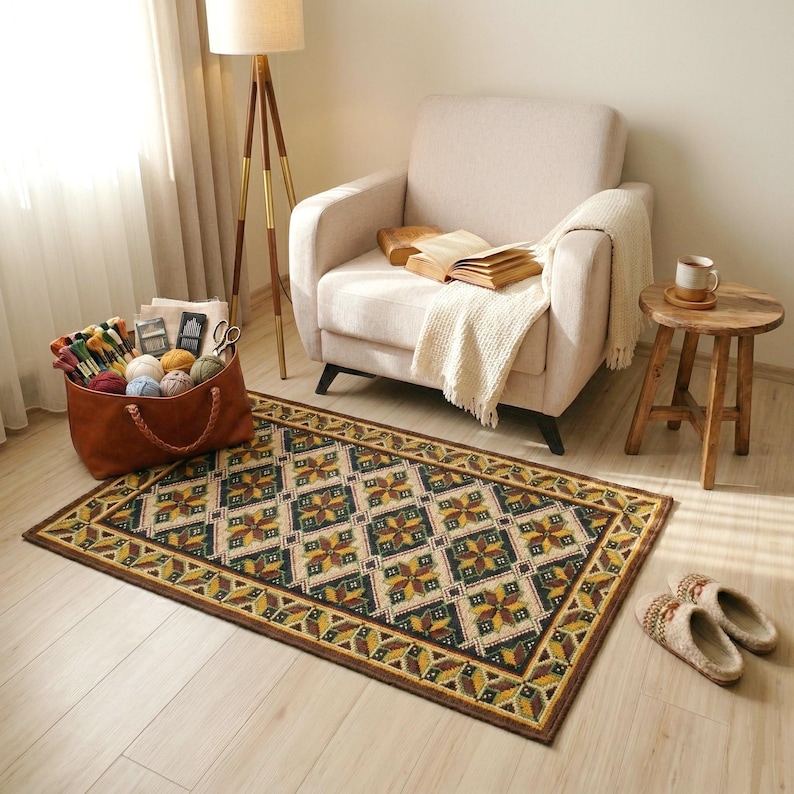 Handmade embroidered wool rug on jute base, 56x30 inches. Boho floor runner with textured wool stitching in natural earthy tones for rustic home decor.