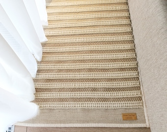 Jute rug Bedside wool rug Woven rug looped Small Striped chunky wool rug, Ecru wool rug Modern rug Beige, 56"x27"