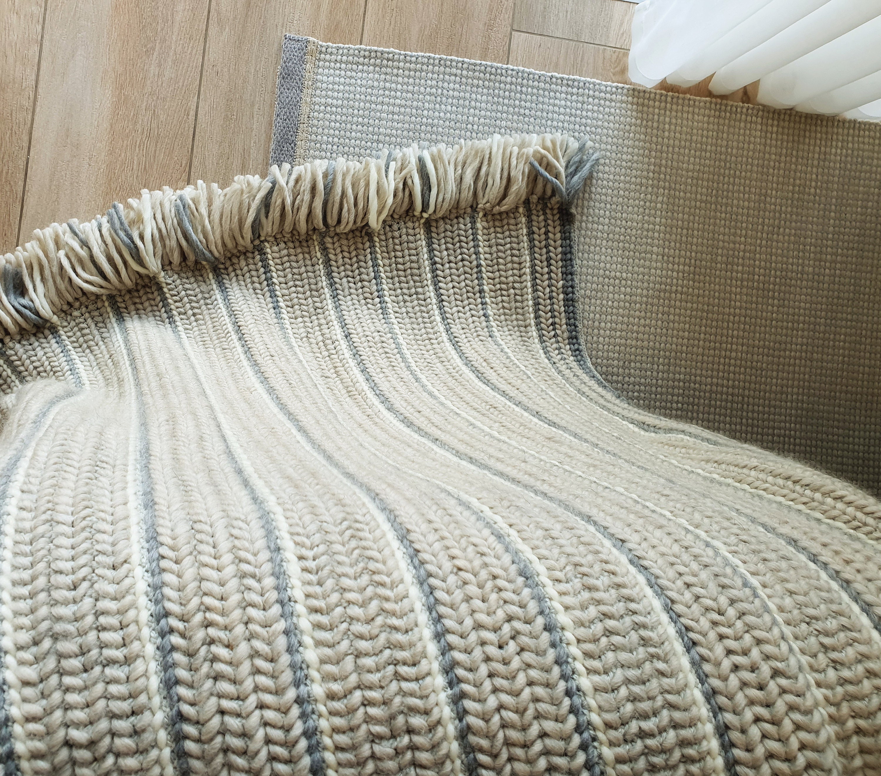 Crochet Chunky Braided Throw Blanket Gray White Merino Wool Knit