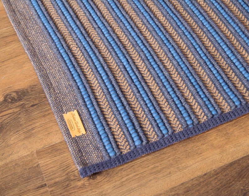 Bedside Wool Rug Blue Striped Woven Small Blue Mat Sheep Etsy