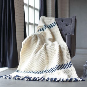 Knit throw blanket white Striped deep blue Wool blended sofa blanket image 6