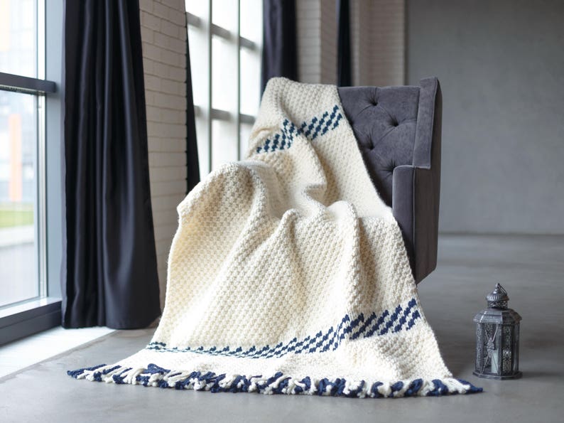 Knit throw blanket white Striped deep blue Wool blended sofa blanket image 6