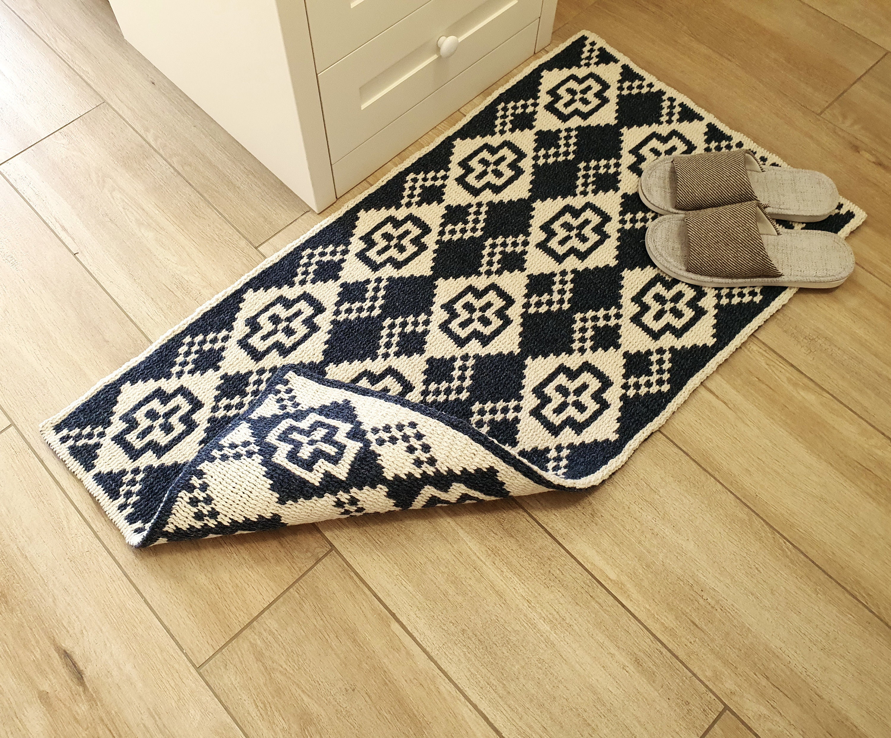 Wool Small Rug Crochet Bedside Modern Mat Blue White Geometric Etsy UK