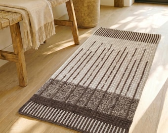 Beige Brown Wool Crochet Rug, Abstract Minimalist Bedroom Mat Machine Washable