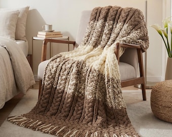 Beige Wool Throw Blanket Textured for Boho Living Room